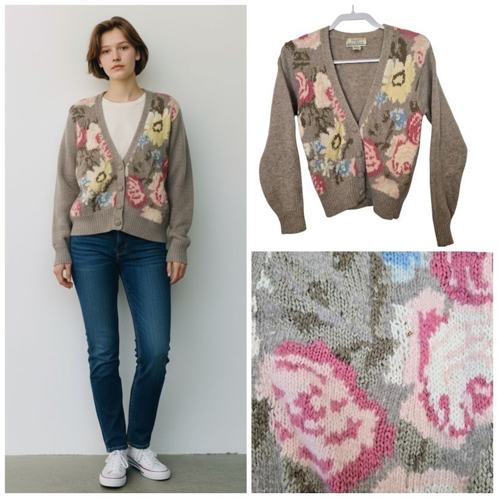 Petite Illustration Floral Lambswool & Angora Cardigan Sweater Size S